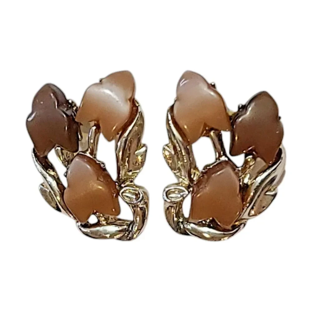 Vintage 80s Silver Tone Moon Glow Leaf Autumn Fall Clip On Earrings